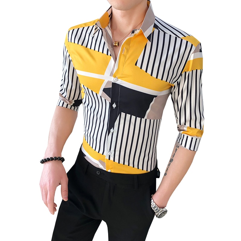 Forår sommer halværmet skjorte herre streetwear all match slim fit herre stribede skjorter club casual bluse herre 3xl