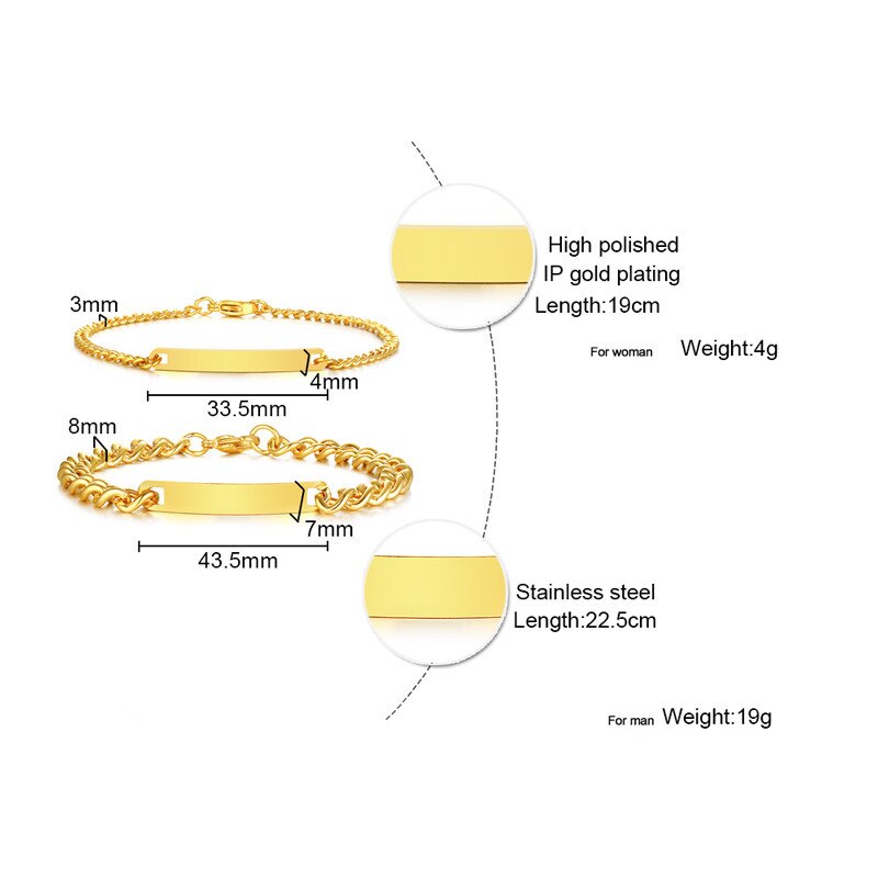 ZORCVENS id tag cuban link chain couple bracelets for men women golden stainless steel Jewelry