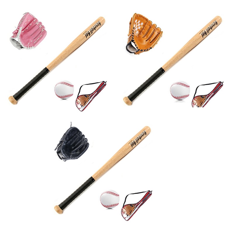 Barn utomhus 25 tums trä basebollträ och softboll boll & baseball handskar träning baseball set med väska,: Default Title