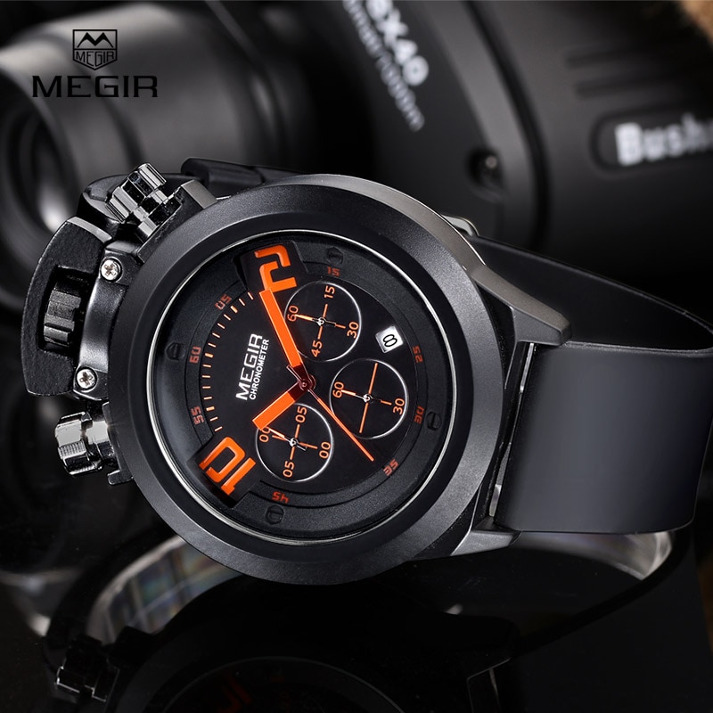 Megir heren quartzhorloges analoge chronograaf merk polshorloge heren siliconen band waterdicht uur 2004