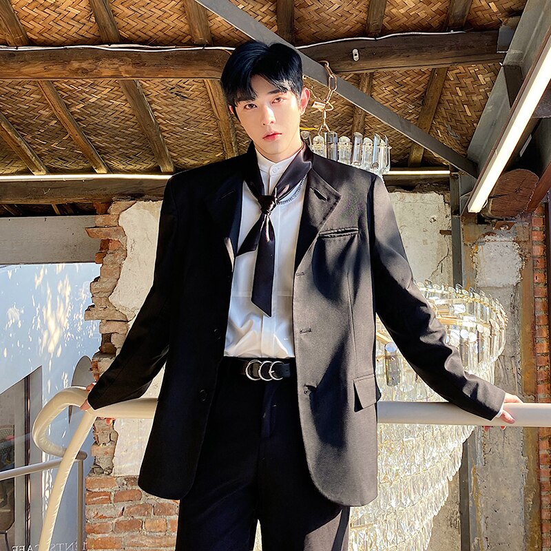 Chaqueta de seda para hombre, traje informal holgado con cuello de corbata, Vintage, ropa de calle, Chaqueta de vestir, abrigo Harajuku