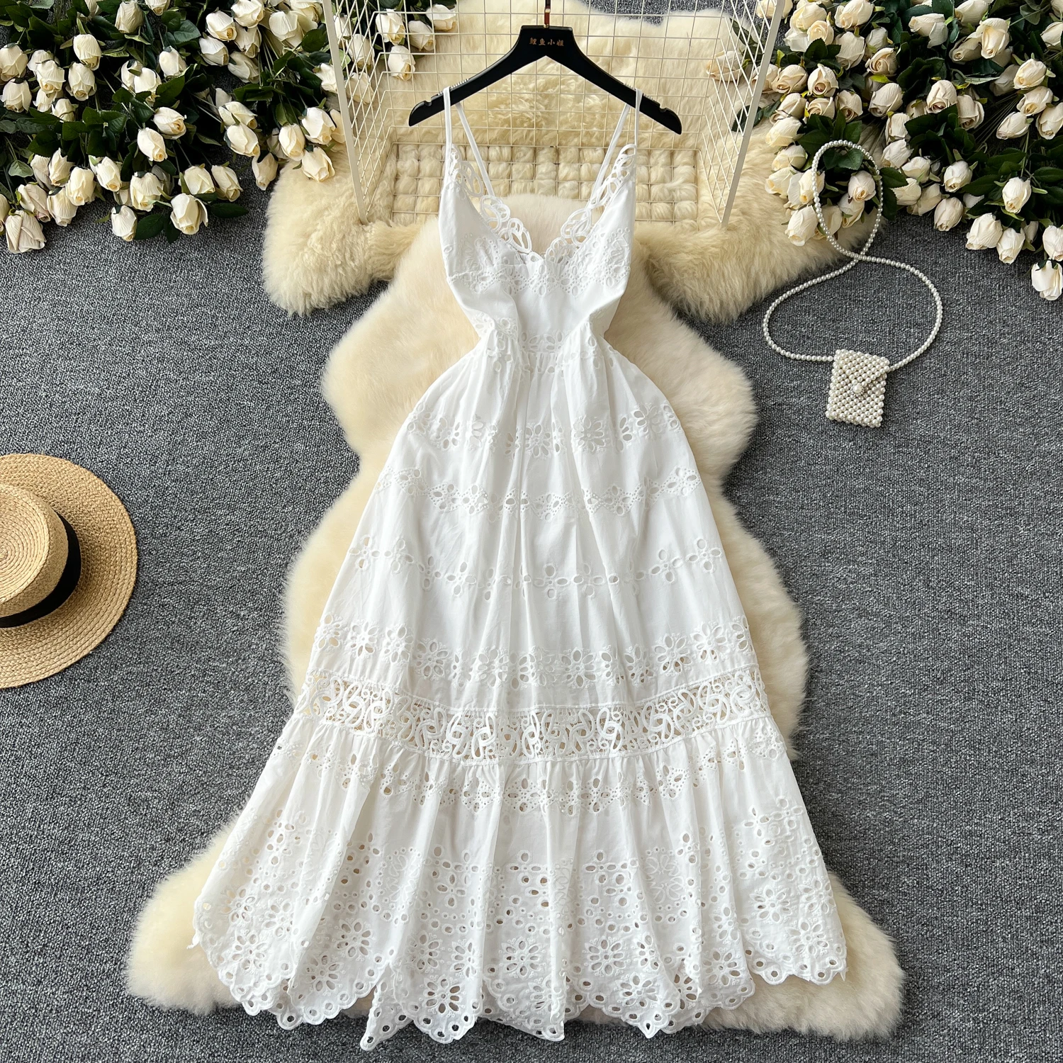 Elegante Süße Hohe Taille V-ausschnitt Aushöhlen Stickerei Rüschen Slip Kleid Schlanke Frauen Sommer Party Hüfte Wrap Lange Kleider: XL / WHITE