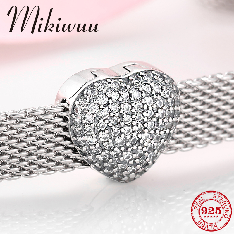 925 Sterling Silver heart shape fine CZ Clip Bead Jewelry making fit Original reflection charms Bracelet