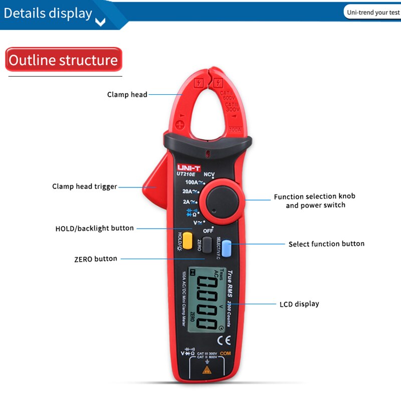 UNI-T UT210D UT210E Pro Digital Mini Clamp Meter AC DC Current True RMS Capacitance Tester Auto Range VFC Multi-Tester