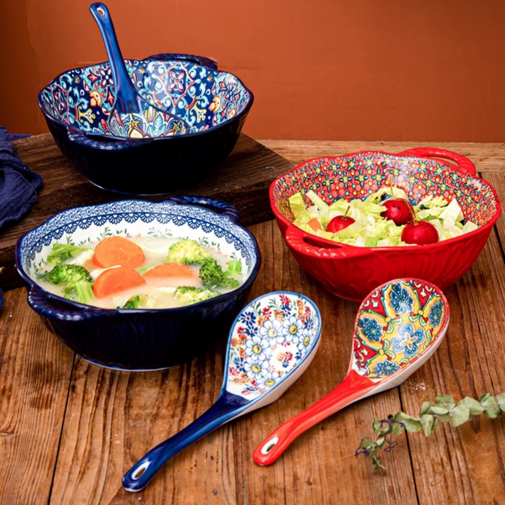 Tigela de sopa de cerâmica estilo boêmio com alça, design seguro para micro-ondas em relevo, ótimo para servir sopa, saladas, macarrão ramen