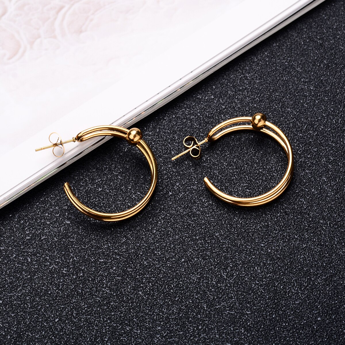 316l Stainless Steel Earrings Hoops With Ball Earing Double Layer Different Circle Round Gold Big Large Thick Hoop Earring: 3 gold big
