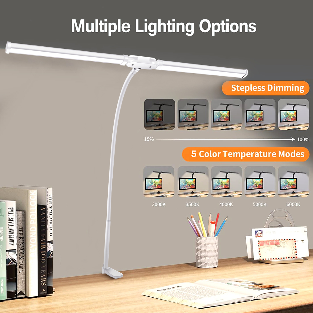 Lampe de bureau LED à double tête, lampes de travail d'architecte avec pince, lampe de bureau LED à intensité variable, lampe à pince à col de cygne Flexible et réglable: Ivoire