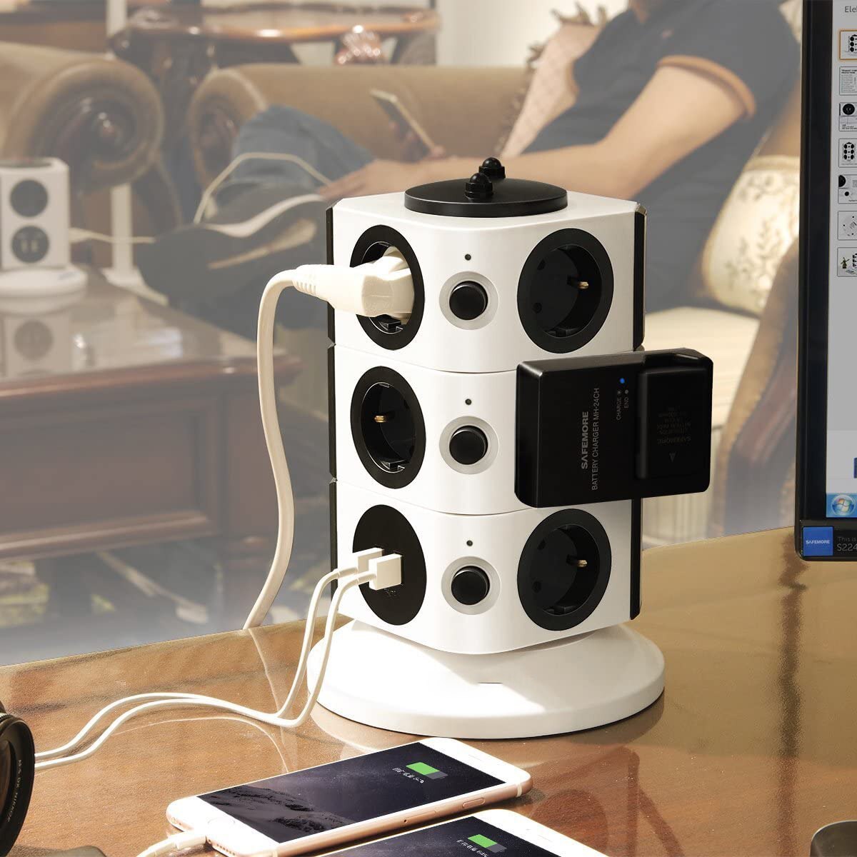 Power Strip Multiple Socket Distribution Connector 15 Way Outlets 2 USB Tower Surge Protection Individually Switchable 2500W 10A