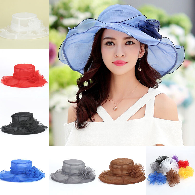 Kvinner vidkant kentucky derby solhatt bryllup teselskap kirke organza hatter lilla gull rød blå rosa