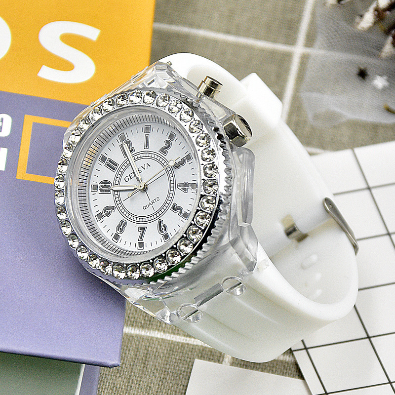 Luminous Quartz Watch for Women Personality Rhinestone Led Geneva Male and Female Students Couple Jelly Wrist Watches: WHITE