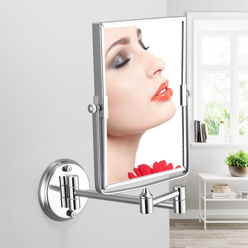 Bathroom Mirror Stainless Steel Square Floding Make Up Mirrors 3x Magnifying Dual Arm Extend 2-Face Cosmetic Mirror Wall Mounted