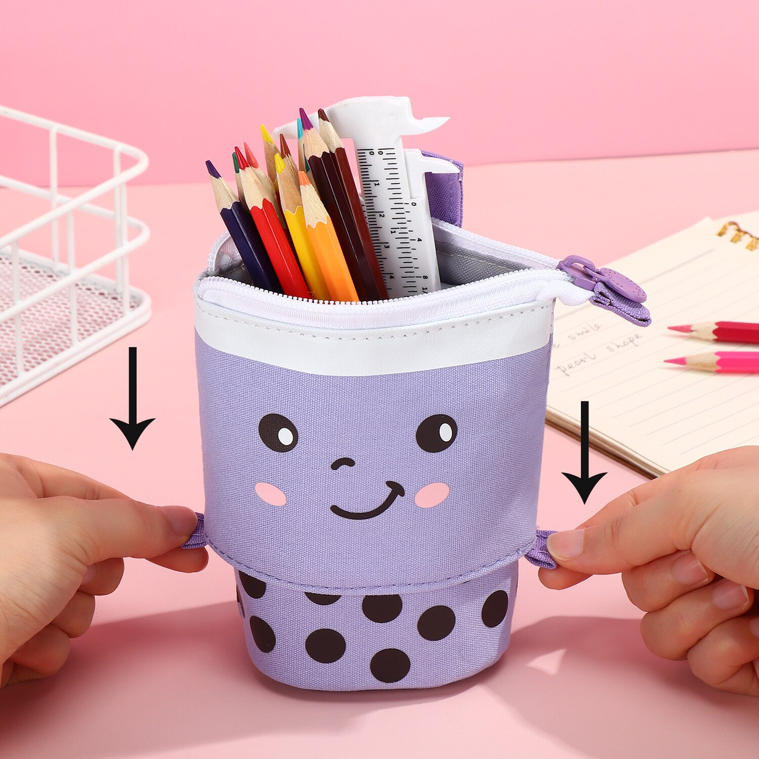 1 Set Cute Boba Milk Tea Pen Case Pencil Holder Stationery Case Stand Up Telescopic Pencil Case Pen Box Stationery Pouch Bag
