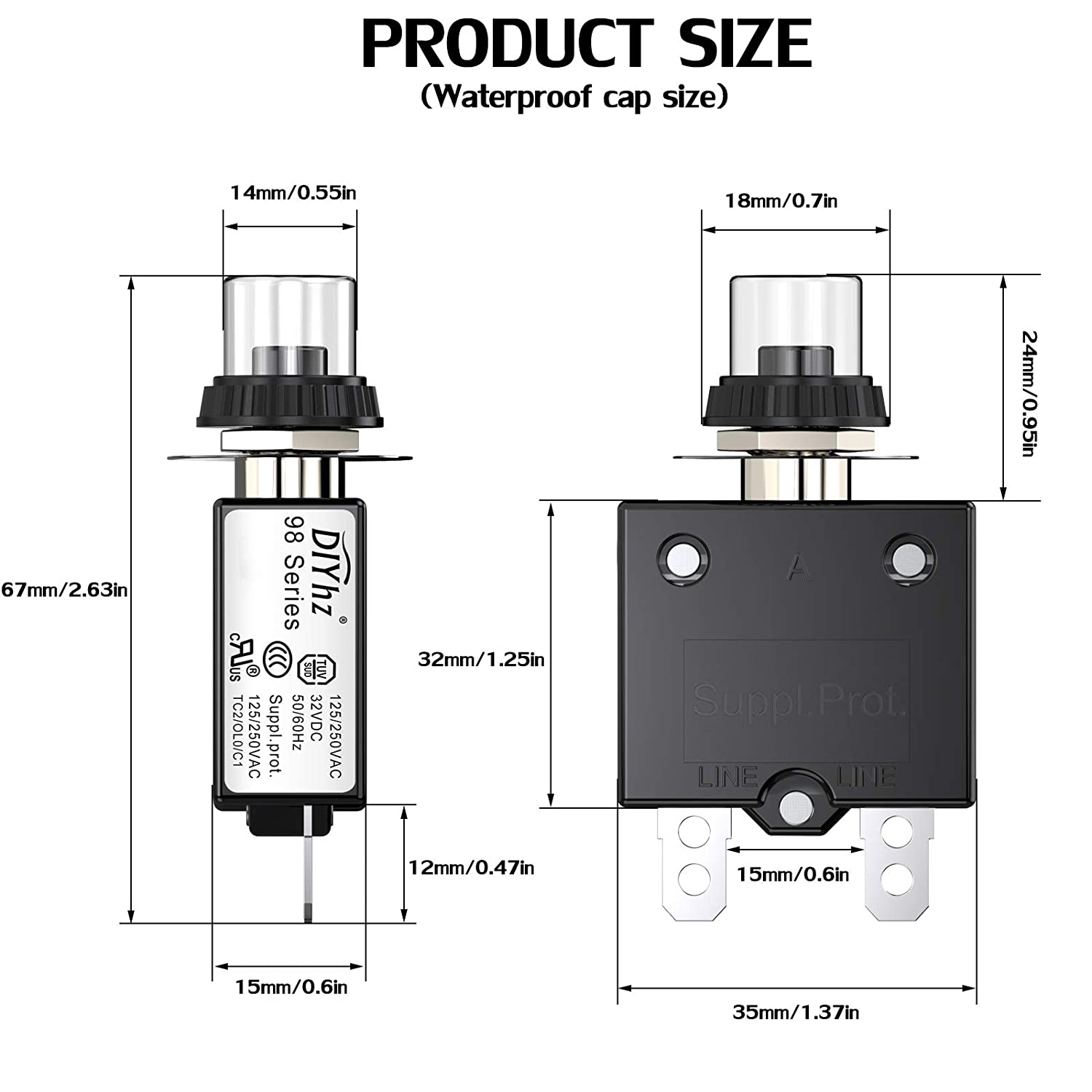Thermal Circuit Breaker50AmpPushButton Manual Reset Circuit Breaker with Quick Connect Terminals &amp;Waterproof Button Transparent