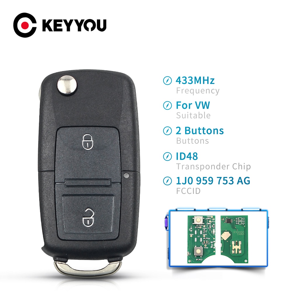 Keyyou 433Mhz 2 Knop 1J0 959 753 Ag Auto Flip Afstandsbediening Sleutelhanger Flip Case Voor Vw Volkswagen Beetle bora Golf Passat Polo ID48 Chip