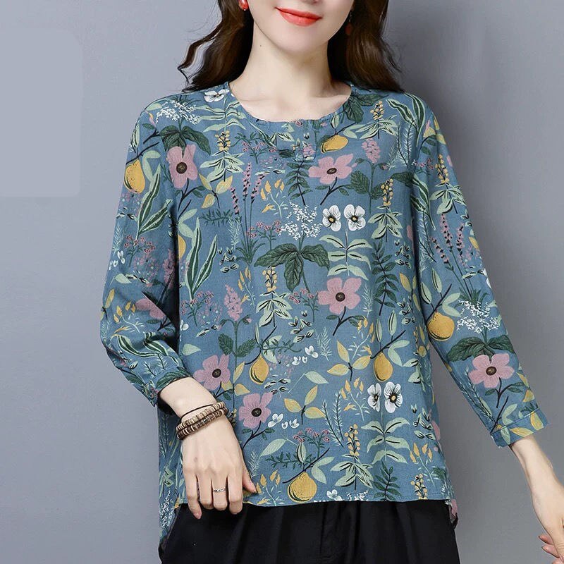 Katoen Linnen Shirt Plus Size Vrouwen Kleding Lange Mouw Top Bloemen Vintage Blouse Dames Casual Vrouwelijke: Blauw / L