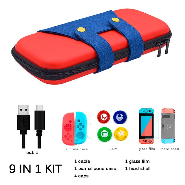 5 En 1 consola de juegos bolsa de almacenamiento para Nintend Switch NS caso para Nintendo interruptor + Hard Shell + de templado de vidrio de película + 2 agarre tapas: 9 in 1 red