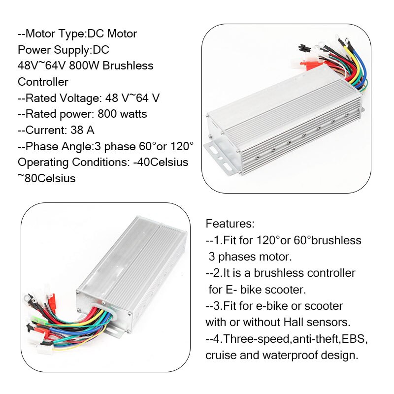 48V-64V 800W Brushless DC Motor Electric Bicycle E-bike Scooter Conversion Speed Controller Motor Electric Governor Drive Engine