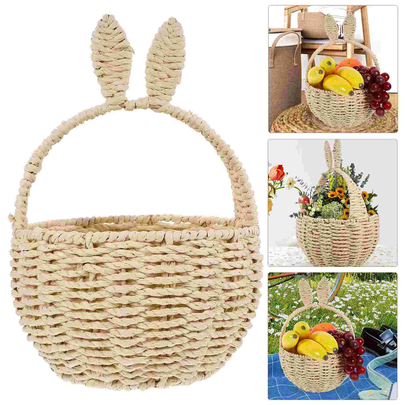Panier rond tissé à la main, panier oreilles de lapin, bacs de rangement tissés, paniers en Imitation rotin, panier de rangement décoratif, corde en papier