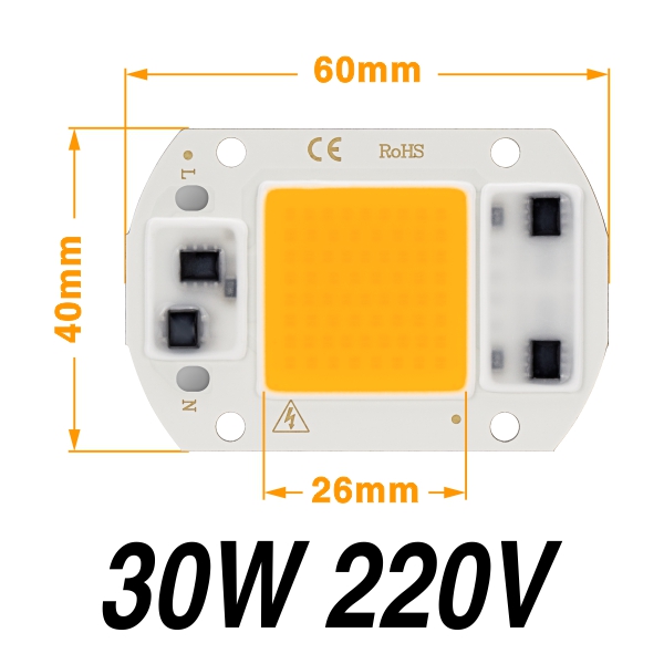 Ac220v 5 stk / lot ledet perle 50w 30w 20w kold hvid varm hvid vokse lys cob chip høj lysstyrke til hjem projektør spotlight diy: 30w varm hvid