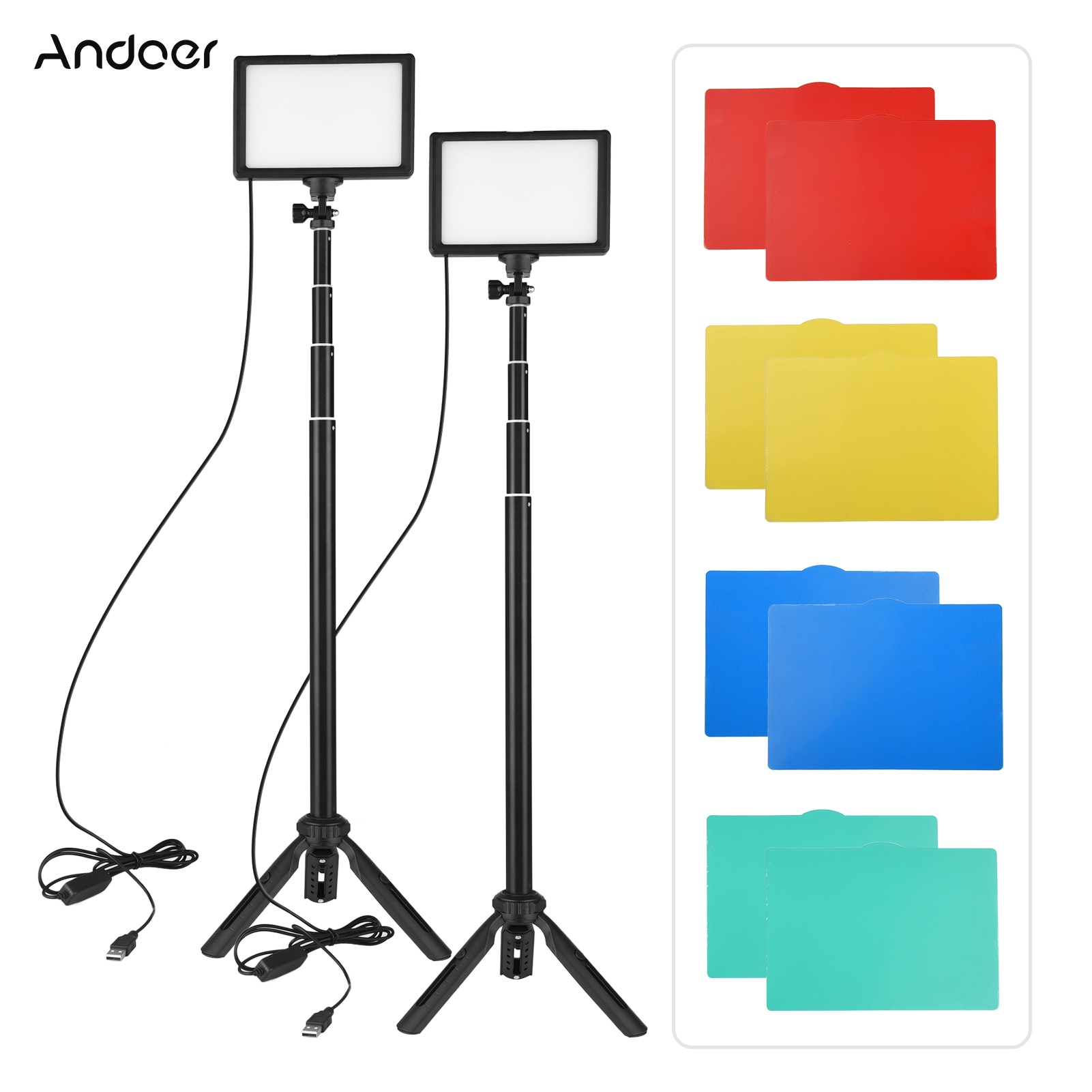 Andoer USB LED Kit de lumière vidéo éclairage de photographie 3200K-5600K 14 niveaux réglable avec 148cm/58in hauteur réglable trépied