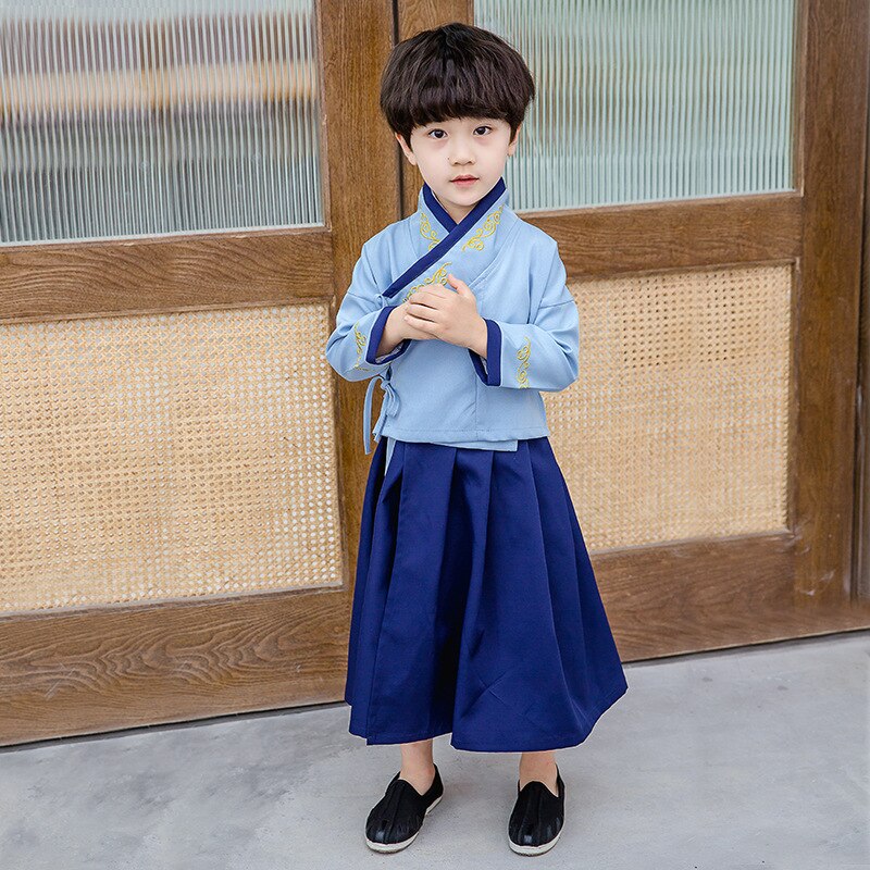 Ano novo meninos tang terno tradicional chinês roupas kung fu oufit 2021 manga longa festival trajes de desempenho palco: Boys blue / 130