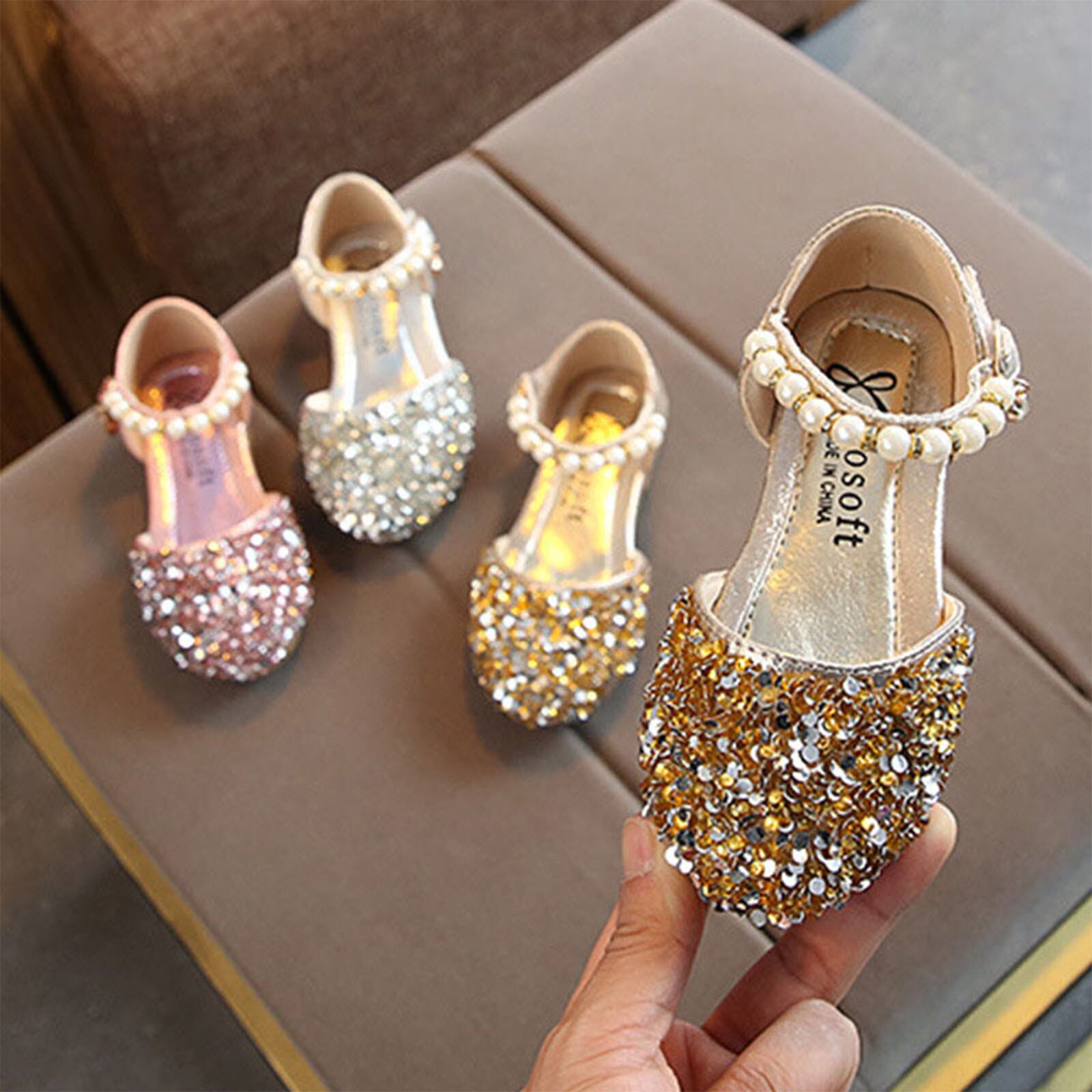 2022 Kids Meisjes Sequin Schoenen Zomer Leuke Parel Prinses Solid Lace Dans Enkele Casual Schoen Kinderen Bruiloft Schoenen