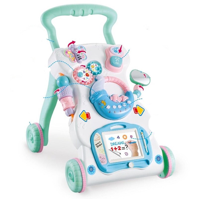 Baby walker vogn børnemusik rollator justerbar hastighed anti-rollover legetøj: D