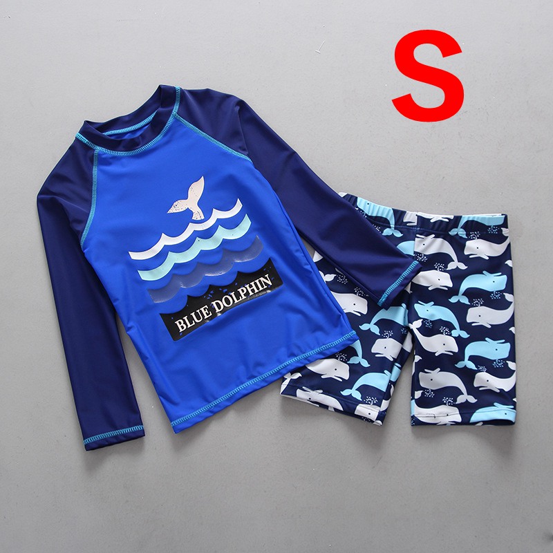 UPF50+ Summer Swimwear kids Boy Child 2pieces Separate Bathing Suit Cartoon Long Sleeved Blue Children's Swimwear Swimming Suit: S