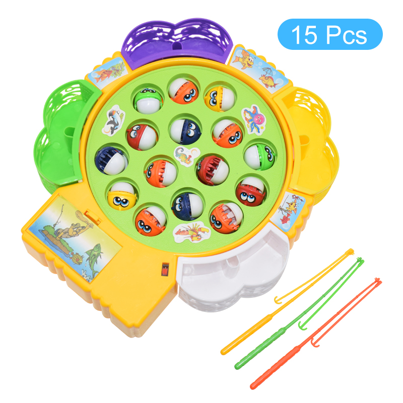 freundlicher Angeln Spielzeug Elektrische Rotierende Angeln Spielen Spiel Musikalische Fisch Platte einstellen Magnetische draussen Sport Spielzeug für KidsGifts: 15Stck A Nein Kasten