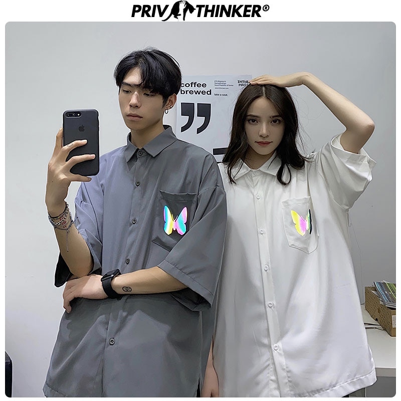Chemises homme privathink réfléchissantes à motif papillon, style coréen, manches mi-longues, style harajuku, style hip-hop, décontractées