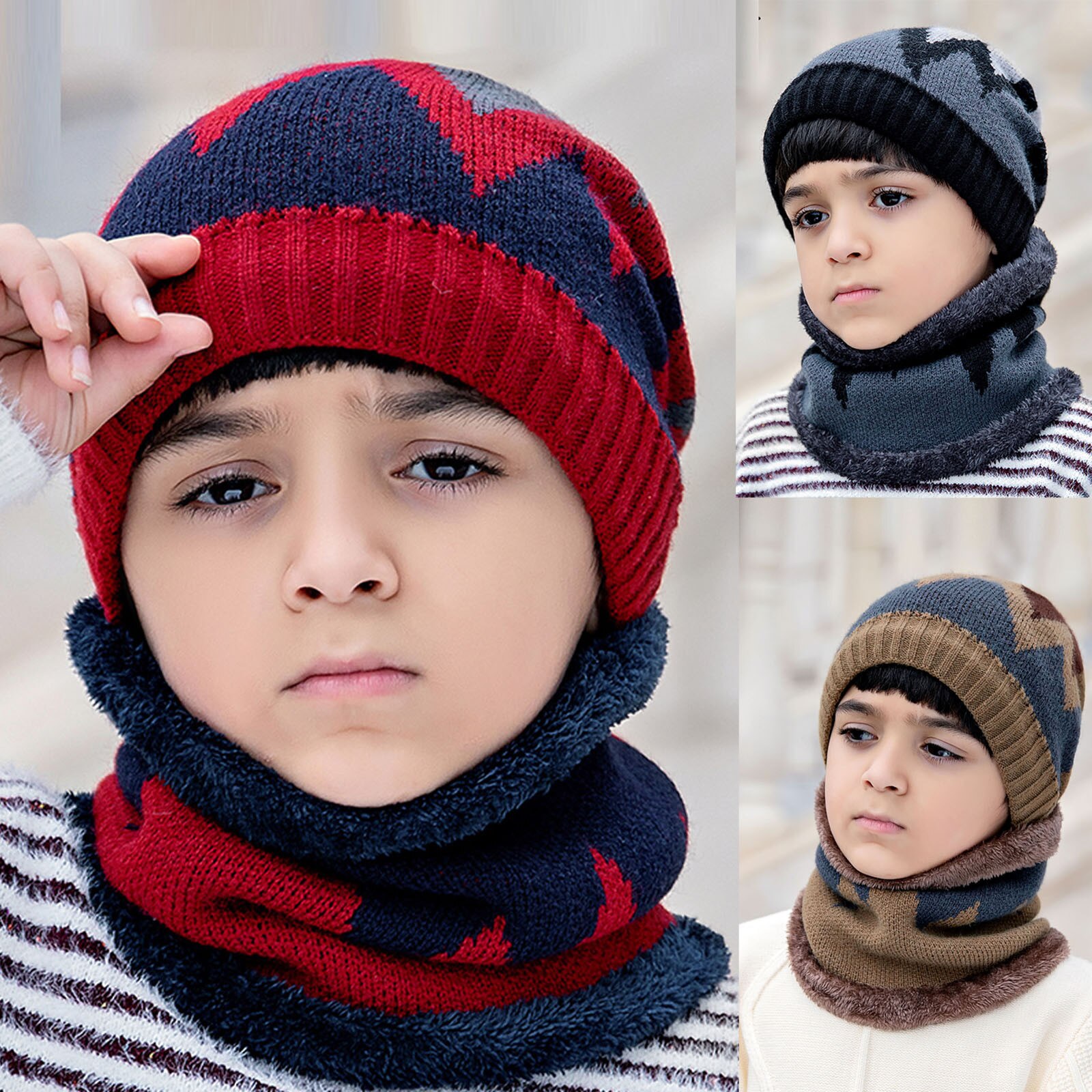 Warm Beanies Hat For Girl Ring Scarf Pompoms Winter Hats Knitted Caps Scarf 2 Pieces Winter Hat Scarf Set For child