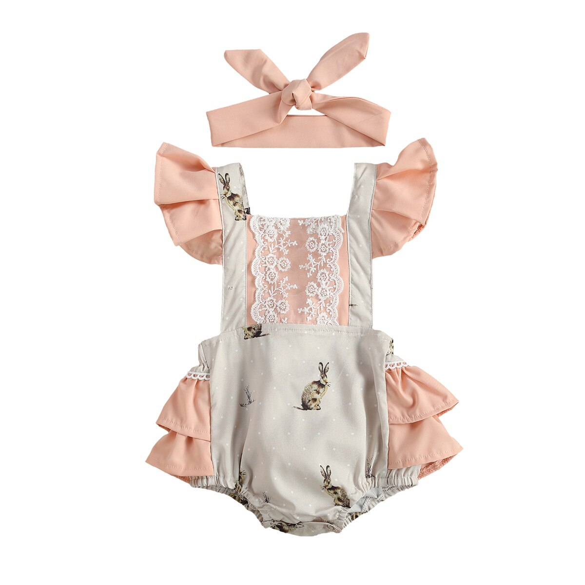 0-24M Cute Easter Infant Baby Girl Playsuit Summer Flower Lace Fly Sleeve Cartoon Bunny Print Ruffle Backless Romper