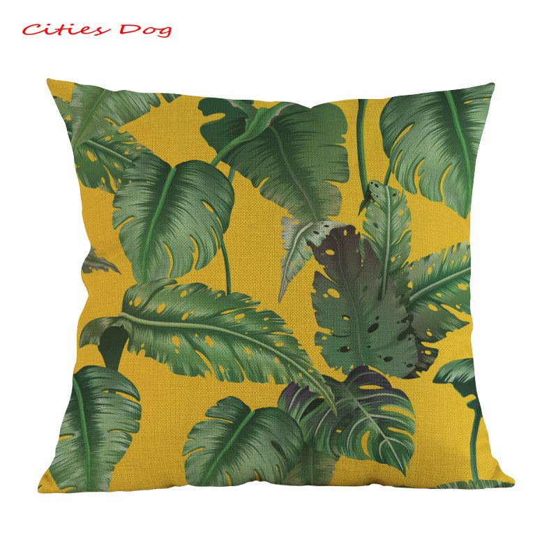 Cojín con de hojas de plantas tropicales, cojines decorativos para kussenhoes, funda de almohada de lino: W