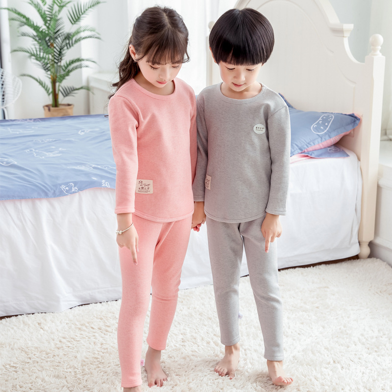 Winter Effen Kleur Katoen Kinderen Pyjama Sets Warm Baby Meisjes Jongens Kleding Jongen Meisje Plus Fluwelen Dikke Kids Nachtkleding