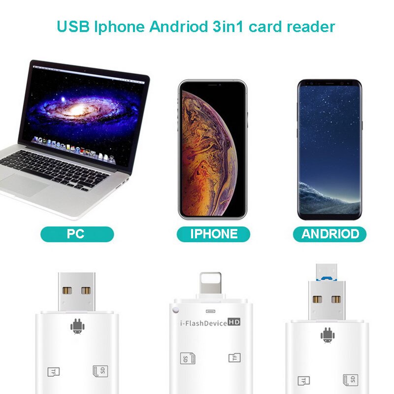 Vmonv-aparelho celular 3 em 1, leitor de cartão sd/sdhc, usb otg, flash, para iphone 8, x, xs, max, xr, ipad, android