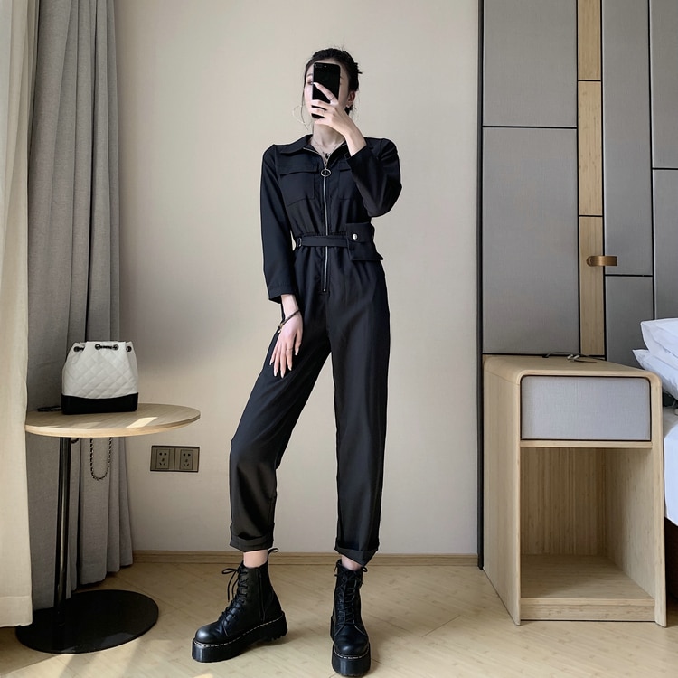 Dame jumpsuit romper langærmet safari stil sort vinter efterår jumpsuit kvindelige streetwear overalls med bælte  wj50