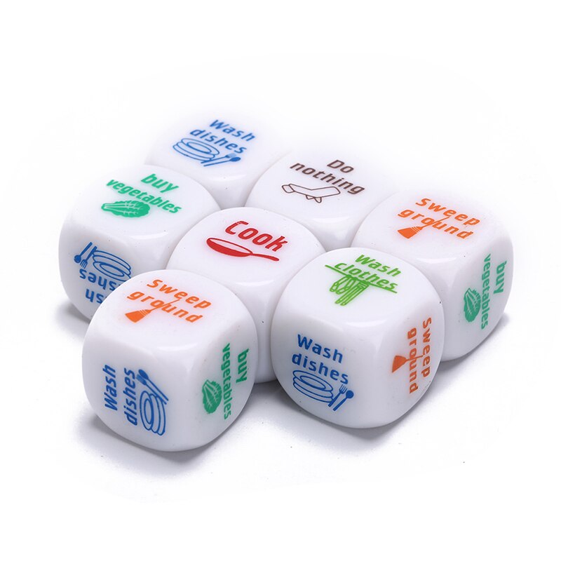 7 unids/set 20mm casa de misión dados lavar la ropa cocinar comprar verduras lavar los platos no hacer nada barrer suelo dados