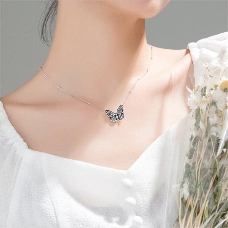 Thai Silver Retro Butterfly 925 Sterling Silver Jewelry Personality Niche Temperament Exquisite Necklaces H170