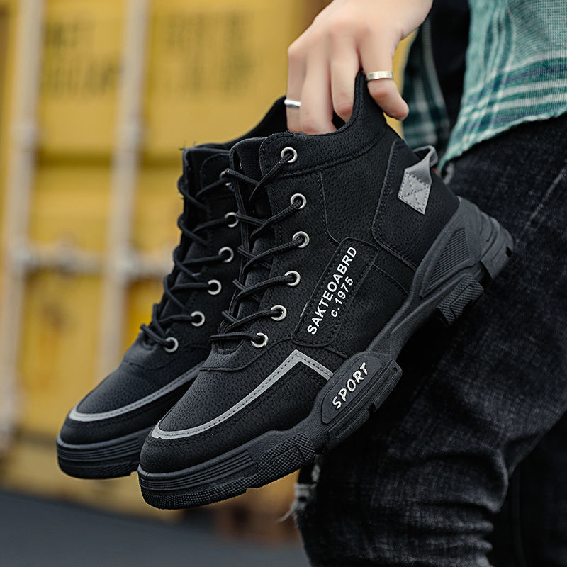 Men Leather Boots Male Spring Casual Motorcycle Ankle Botas Hombre Men Lace-up Basic Boots Man Men Boots: Black / 39