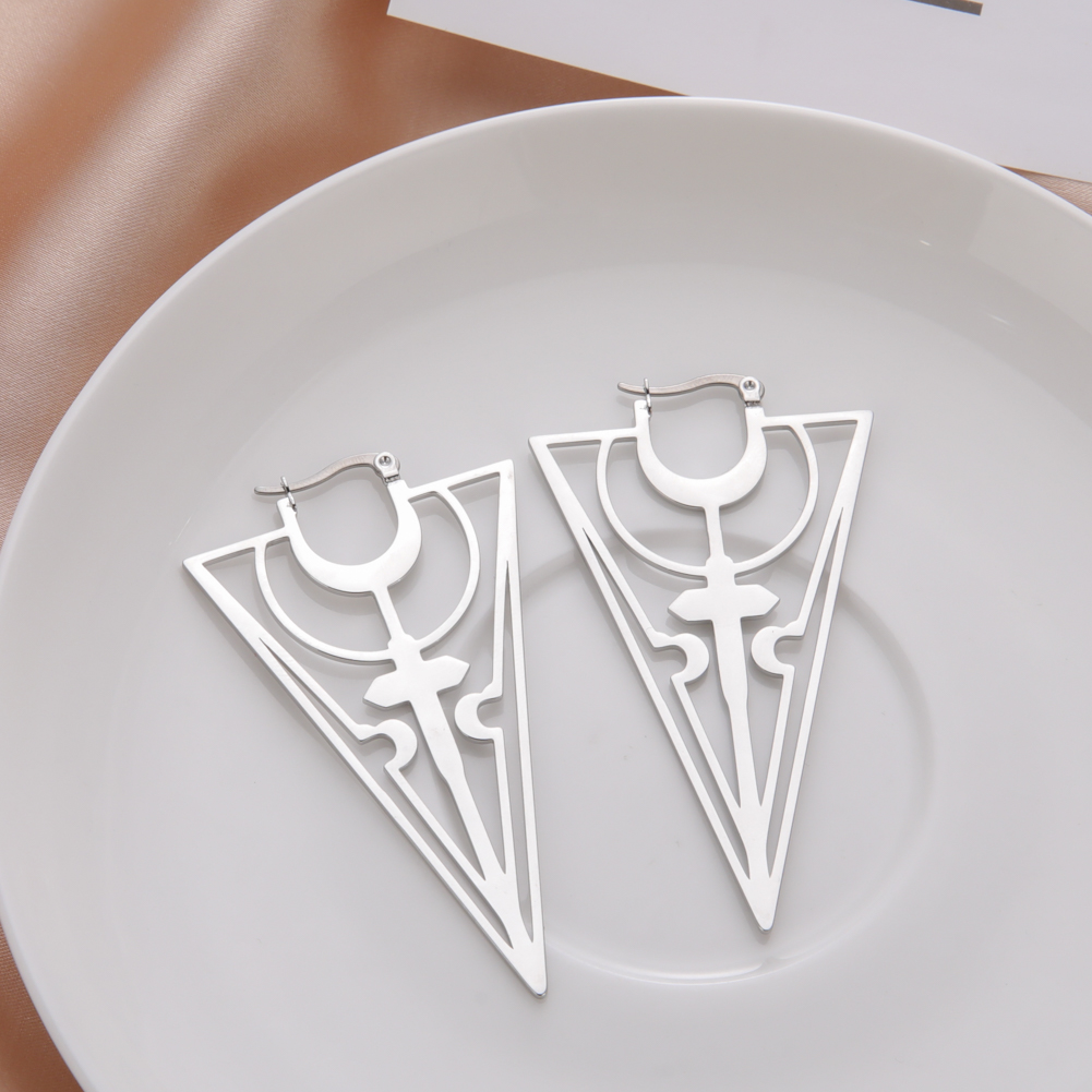 LIKGREAT-pendientes de aro negros geométricos triangulares góticos para mujer, aretes colgantes de Luna de acero inoxidable, amuleto Wicca, de joyería