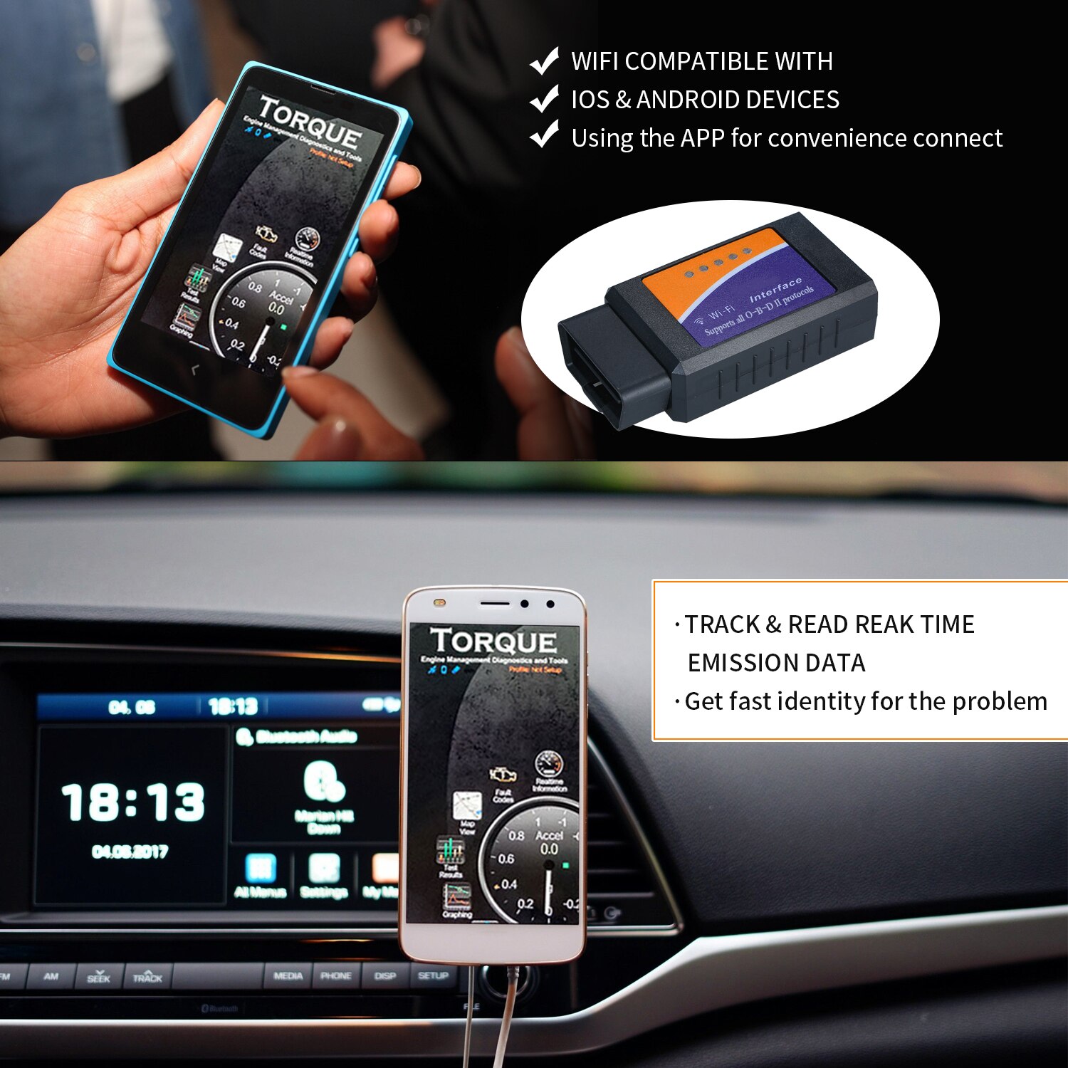 Car WIFI O-B-D2 O-B-D-II Scan Tool Code Reader Scanner Adapter Check Engine Light DiagnosticTool Compatible with iOS and Android
