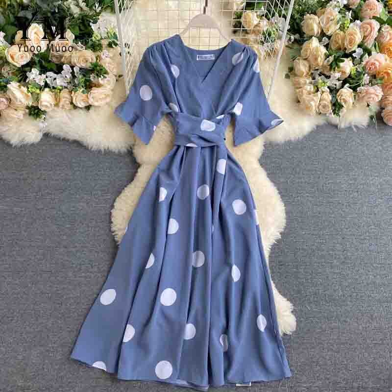YuooMuoo-robe à bandes, tenue Vintage, à pois, col en V, tenue de soirée, tenue élégante, rouge, été: Bleu ciel