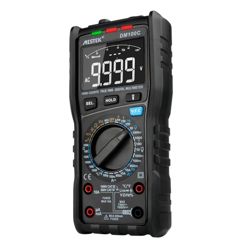 MESTEK DM100C True-RMS Digital Multimeter Button 10000 Count with Analog Bar Graph AC/DC Voltage Ammeter Current Ohm Manual/Auto