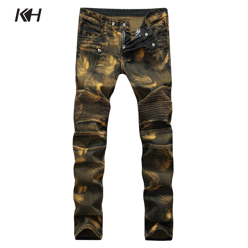 KH Men's Jeans Pleated Motorcycle Biker Denim Pants Men Slim Elastic Yellow Punk Trousers Plus size 28~42