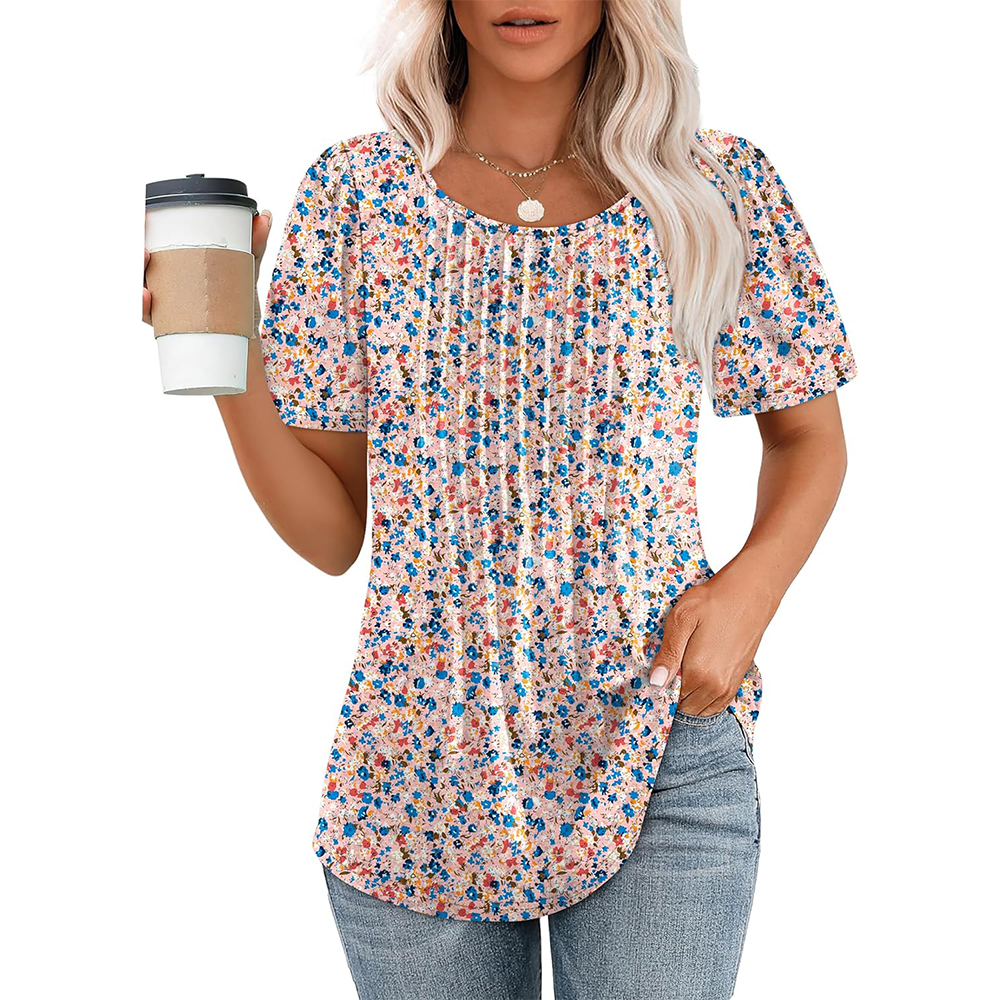 Dames T-shirts met korte mouwen, geplooid, chic, casual ronde hals, zomertops, blouses 2025: XXL / Mixed Color