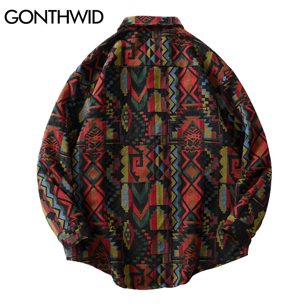 Gonthwid sørvestlige aztec tribal indian button skjorter streetwear hip hop geometri mønster casual langermet skjorte topper strøk
