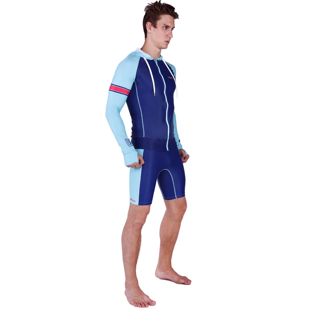 SABOLAY Mannen elasticiteit Rash Guard Pak UV Bescherming Lange Mouwen hooded Windsurf Surfen Tops Korte broek Swimwear