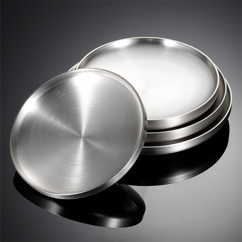 Plato de cena redondo de acero inoxidable grueso, platos de postre occidentales, bandeja de doble capa, mesa de comedor antiquemaduras, decoración del hogar