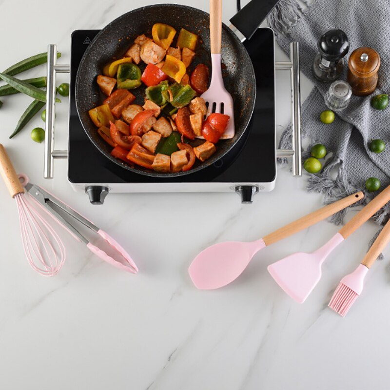 Food-Grade Non-Toxic Silicone Cooking Utensils Set Non-Stick Spatula Shovel Wooden Handle Cooking Tools Set