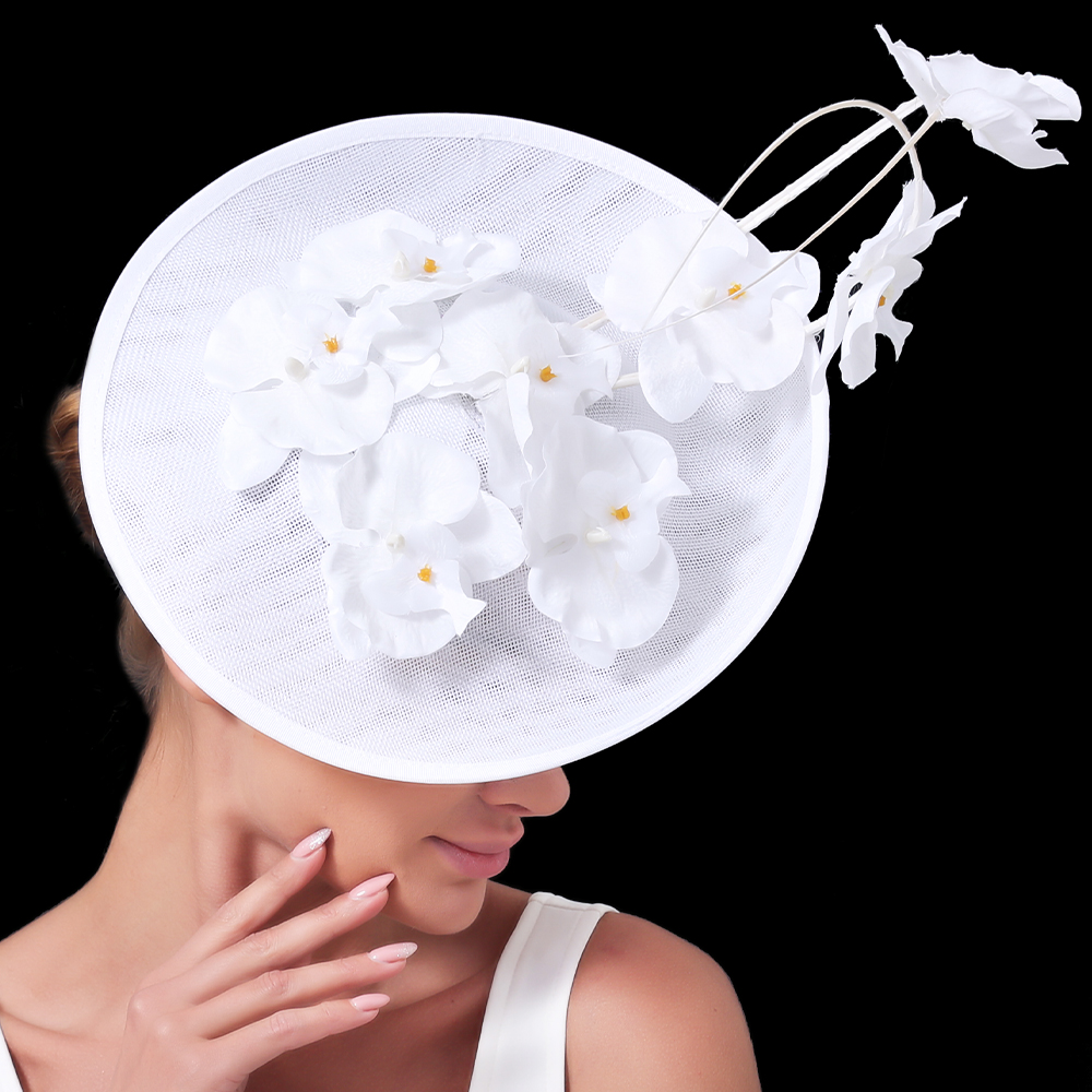 Mulheres Floral Decor Chapelaria Boné, Chá Fascinador Chapéu, Flor Extravagante Headwear, Bonito Headwear, Festa Derby, Elegante senhoras: Branco